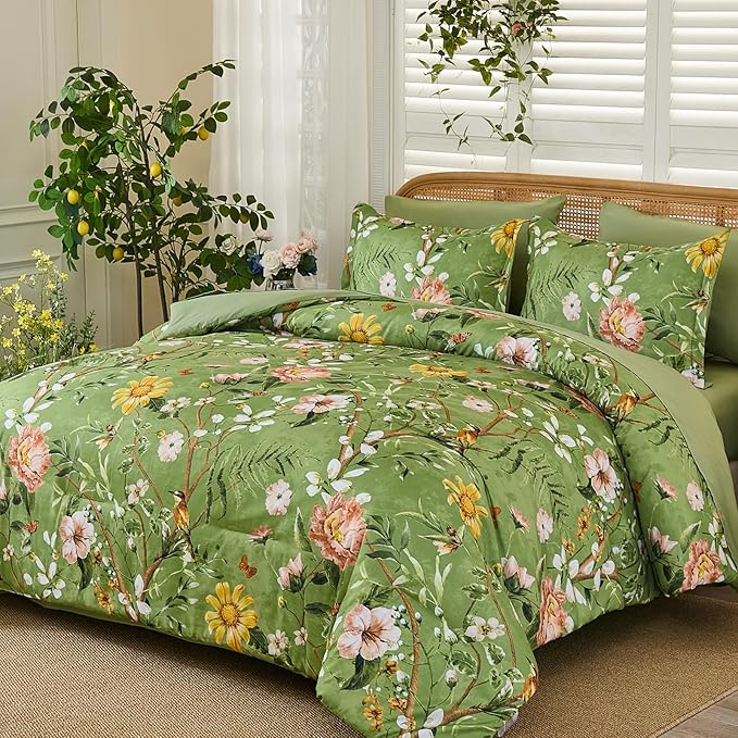 Yiran Sage Green Hibiscus Floral Comforter Set King Size, 7 Piece Bird Flowers Botanical Comforter Bedding Set, Vintage Bed in a Bag, Soft Microfiber Complete Bedding Set with Sheets for All Season