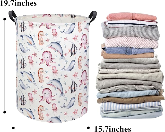 HIYAGON Baby Laundry Basket Baby Hamper for Nursery Girl Kids Ocean Hamper Cute Kids Toys Storage Bin Organizer Pink Room Decor for Home(Pink Ocean) - Image 7