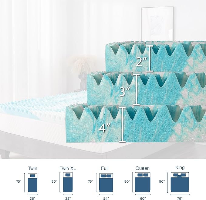 2 Inch 5-Zone Cal King Memory Foam Mattress Topper, Gel Infused Foam Mattress Topper for Pressure Relief, CertiPUR-US Certified Cal King Bed Topper,Blue, 72"×84"