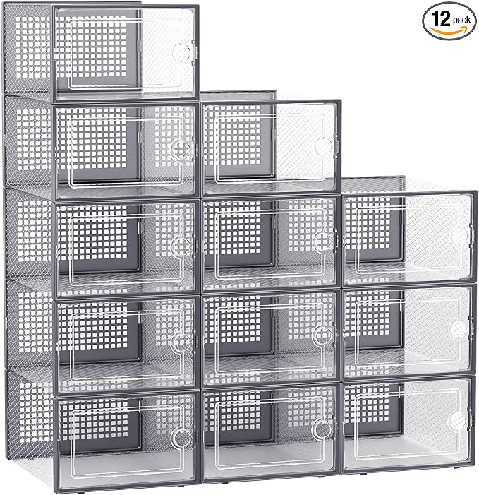 Kuject Large Shoe Organizers Storage Boxes for Closet, 12 Pack Clear Plastic Stackable Storage Bins with Lids, Under Bed Shoe Containers for Entryway, Drop Front, Fit up to Women's Size 10,Dark Gray by Kuject