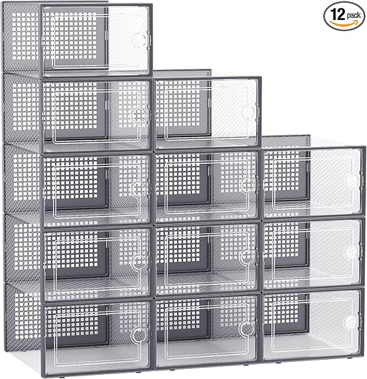 Kuject Large Shoe Organizers Storage Boxes for Closet, 12 Pack Clear Plastic Stackable Storage Bins with Lids, Under Bed Shoe Containers for Entryway, Drop Front, Fit up to Women's Size 10,Dark Gray by Kuject