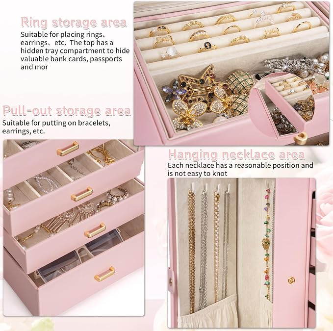 AKOZLIN Huge Jewelry Box Organizer Functional Extra Large Leather Jewelry Storage Case for Women Girls Ring Necklace Earring Bracelet Holder Organizer with Mirror - Image 5