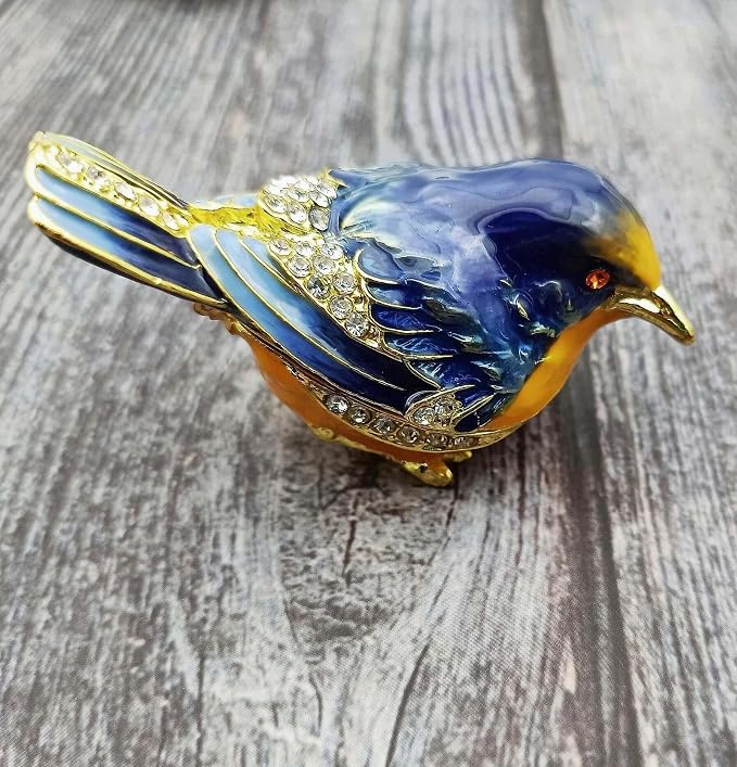 Starling Bird Trinket Boxes Hinged with Crystals Enameled Jewelry Box.Bird Lover Gifts for Women.Necklace Ring Box Earrings Storage.Collectible Bird Figurines Home Decor -Blue Yellow. - Image 9