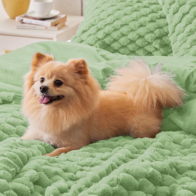 BEDELITE Fluffy Twin Comforter Set - Grass Green Fleece Soft Comforter for Twin Size Bed, Luxury Warm Bedding Set for Winter, Fuzzy Bed Set 2 Pieces (1 Comforter, 1 Pillowcase)