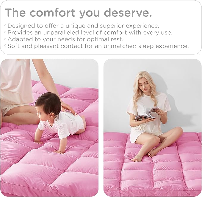 KUB Cal King Cotton Mattress Topper, Breathable Pillow Top with 8-21 Inch Deep Pocket, 3D Snow Down Alternative Fill, Fluffy College Dorm Mattress Pad Cover (Pink, California King 84 * 72inch)