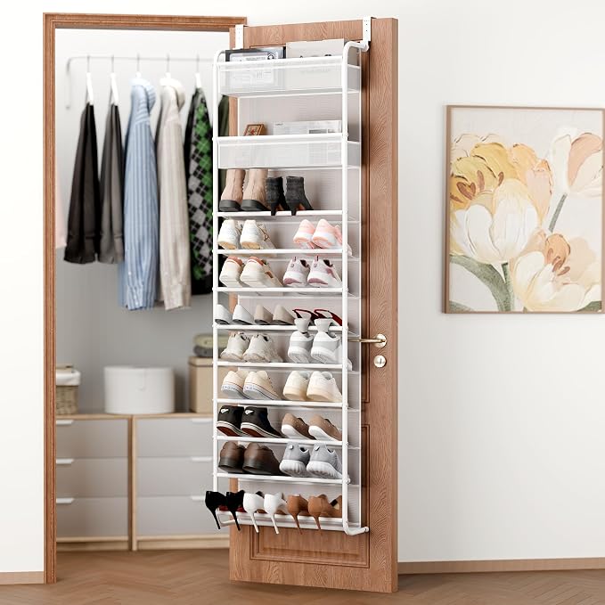 Whitmor 27 Pair Over The Door Shoe Organizer, 11 Tier Hanging Shoe Organizer, Heavy Duty Metal & Mesh Shoe Holder, Hanging Shoe Rack for Closet Organizer & Storage,74.8"L x 21.7"W x 7.5"H, White by Whitmor