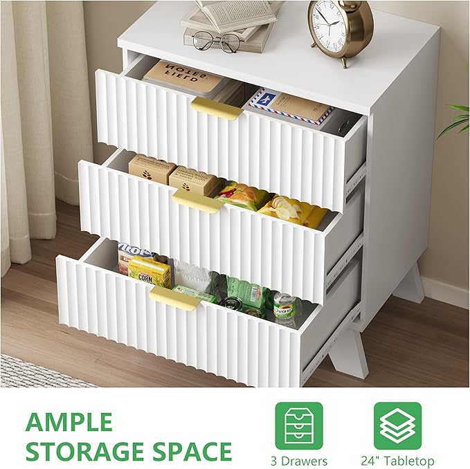 Fluted Dresser for Bedroom with 3 Drawers, 24" Wide Modern Chest of Drawers with Metal Handle, Wooden Dresser TV Stand, Wood Closet Clothes Storage Drawer Organizer for Living Room, Hallway, White