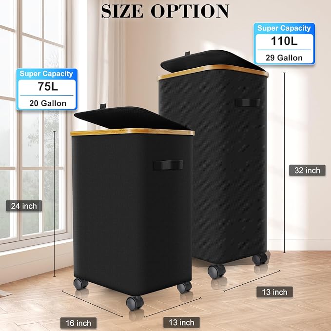 Laundry Hamper with Wheels,20 Gal (75L) Laundry Basket with lid Rolling Clothes Hamper Foldable Dirty Clothes Basket on wheels with Bamboo Frame and Bag for Bedroom, Dorm, Laundry Room-Black - Image 4
