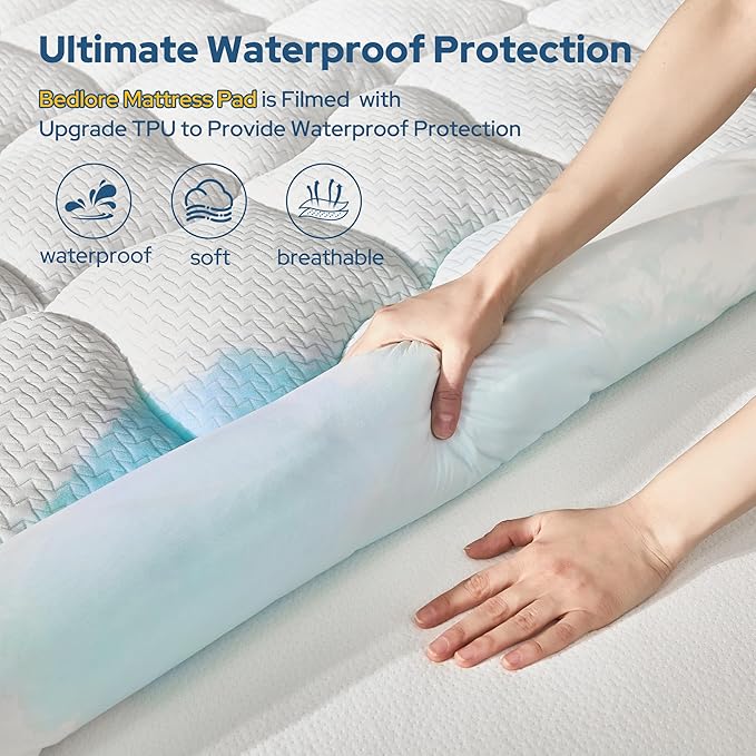 BEDLORE Waterproof Twin Mattress Pad, Quilted Fitted Mattress Topper with Deep Pocket 6"-15", Breathable & Noiseless Mattress Protector Bed Cover Padded, Machine Washable