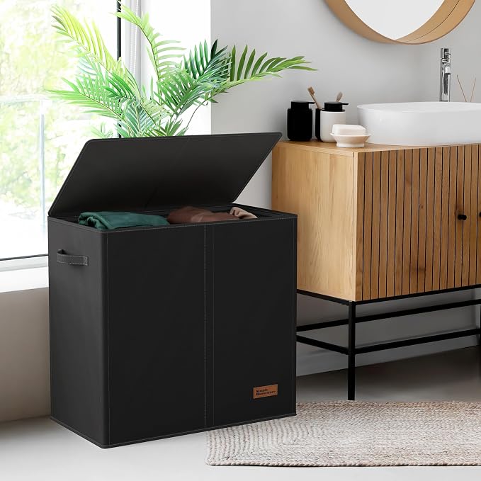 Simple Houseware Double Laundry Hamper with Lid and Removable Bags, Black - Image 7