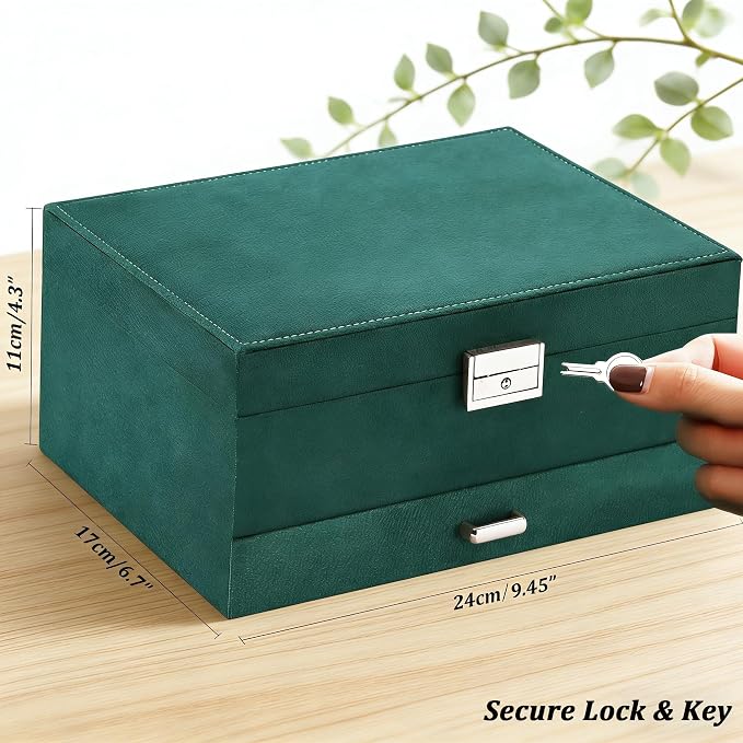 QBestry Jewelry Box for Women with Drawer, 3-Layer Large Jewelry Organizer with Lock & Key, 8 Necklace Hooks & 56 Earring Holes, Green Velvet Jewelry Storage Box for Necklaces Earrings Rings Bracelets - Image 9