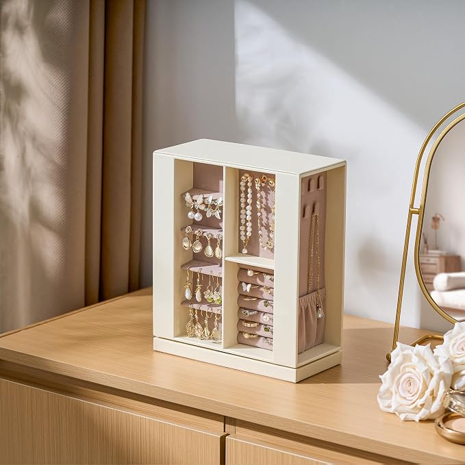 Jewelry Box Organizer for Women: 360 Rotating Vertical Storage Case, Ivory Leather with Pink Velvet, Ring Necklace Bracelet Holder, Gift Decor, 10 x 8.7 x 3.9 in - Image 8