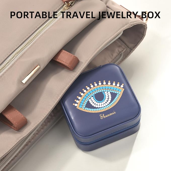shunmei Mini Travel Jewelry Box,PU Leather Portable Jewelry Organizer Case,Art Accessories Storage Holder Boxes for Earring, Necklace, Rings, Bracelets (Blue Eyes) - Image 2