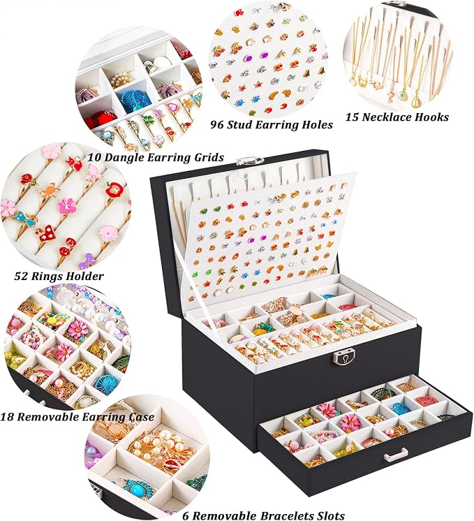 QBestry Earring Jewelry Box for Women Girls Stud Organizer, 5 Layers Black Jewelry Organizer Box With Lock Necklaces and Earrings Holder Jewelry Box with Earring Organizxer for Women Girls Xmas Gifts - Image 2