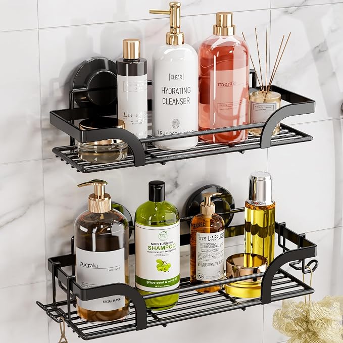 LEVERLOC Shower Caddy Suction Cup, 2 Pack Shower Shelves for Inside, Black Rustproof Metal Bathroom Storage NO-Drilling Bathroom Organizer with Large Capacity, Heavy Duty Storage Basket by LEVERLOC