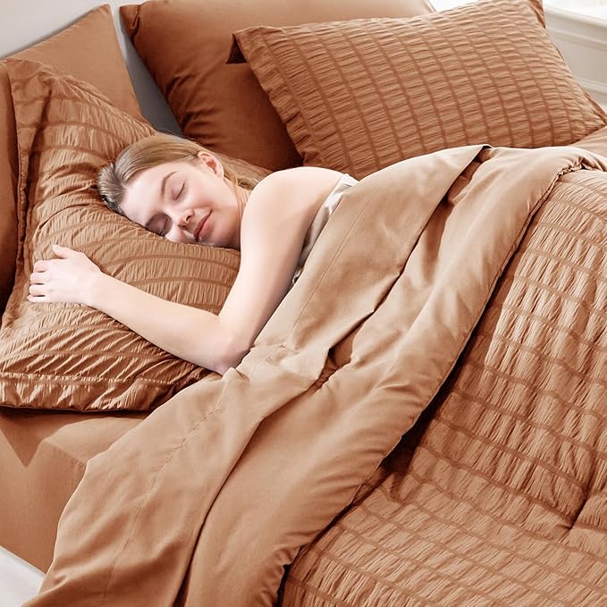 CozyLux King Size Comforter Set Pumpkin Seersucker 7 Pieces Bed in a Bag King Comforter Set with Sheets, Luxury Soft Bedding Set with Down Alternative Comforter, Sheets, Pillowcases & Shams All Season