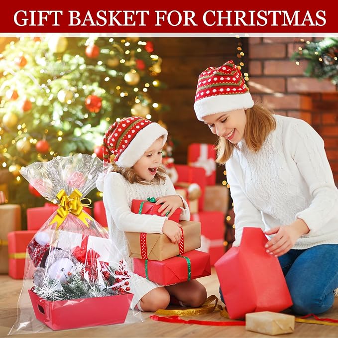 AFOROEOA 6PACK Red Baskets For Gifts Empty, 10x12”Thick Gift Basket with 6Bows 6Bags Empty Gift Baskets for Christmas, Easter, Birthdays, Valentine’s Day Wrapping Gift - Image 4
