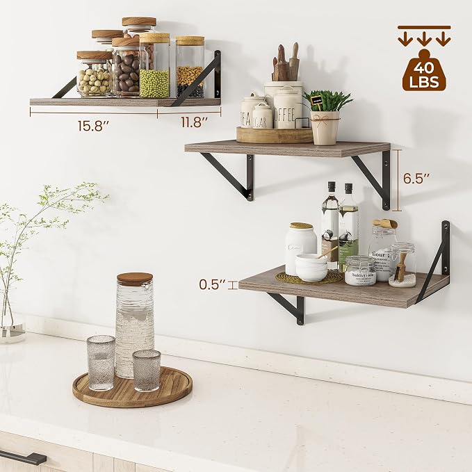 Heimlove Deep Floating Shelves for Wall, 12 Inch Deep Floating Shelves Set of 3, 16W x 12D Wood Wall Shelves, Wide Wood Shelves with Metal Bracket for Living Room, Kitchen, Office, Bedroom - Grey - Image 3