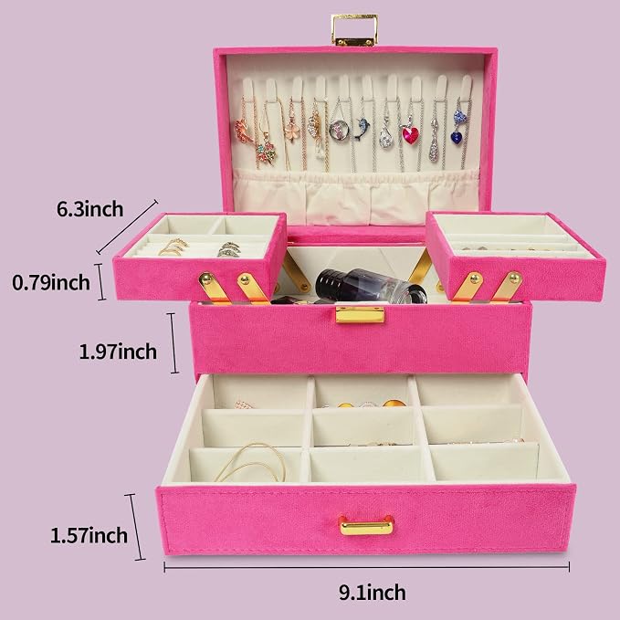 Dajasan Jewelry Organizer Box, Large Jewelry Boxes for Women Girls, Space-Saving 3 Layers Jewelry Storage Case with Drawer, Gift Idea for Christmas, Valentine's Day, Birthday, Mother's Day (Red) - Image 6