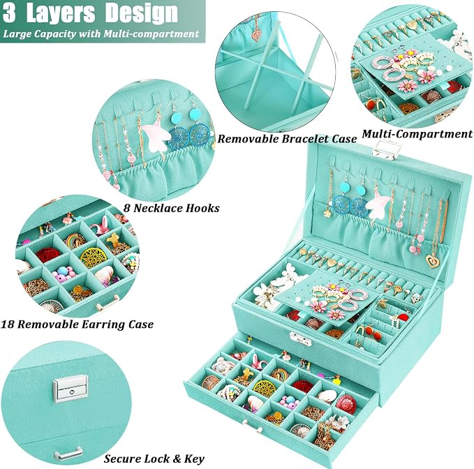 QBestry 3-Layer Jewelry Box for Girls & Teens with Lock and Key, Large Jewelry Organizer with 8 Necklace Hooks & 56 Earring Holes, Teal Velvet Jewelry Storage Box for Necklaces Earrings Rings Bracelet - Image 2