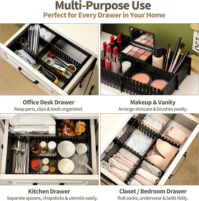 Drawer Divider Adjustable Diy Storage Organizer Separator for Tidying Clutter Cutlery Makeup Clothes of Dresses, Desk & Box in Kitchen Bathroom Bedroom Office (Cut at Will) (Black 32pcs) - Image 6