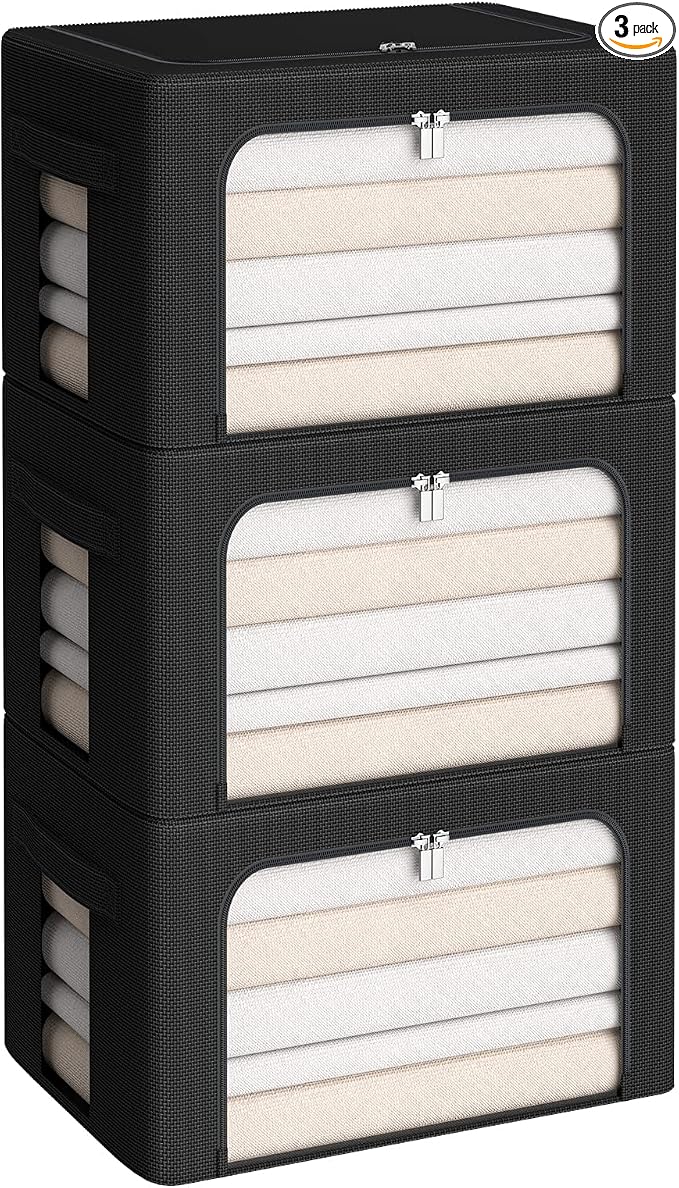 CYhom 3Pack Frame Storage Box - Clothes Storage Bin Bags Oxford Fabric Foldable Stackable Container Organizer Set with Clear Window & Carry Handles (Black, X-Small-36L) by CYhom
