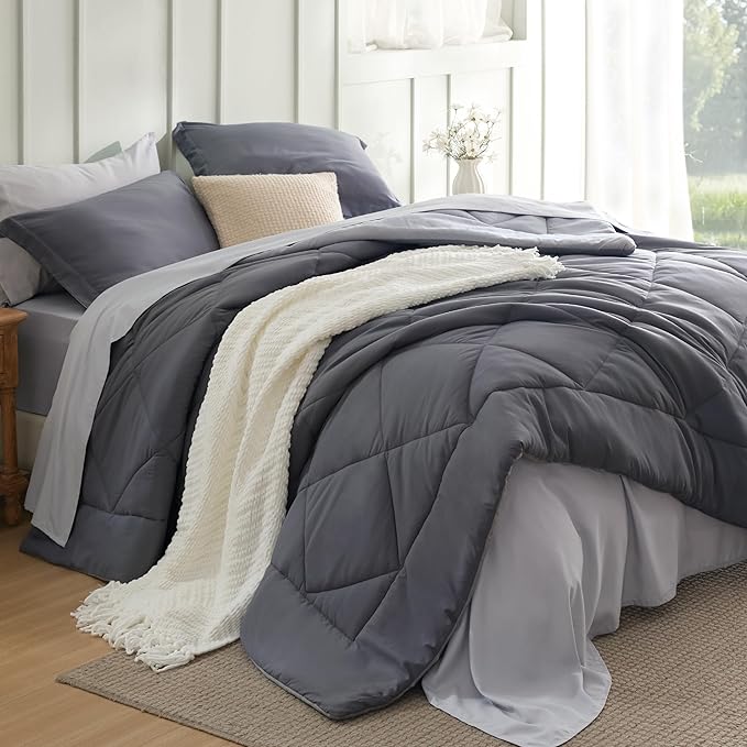 Bedsure Queen Comforter Set - 7 Pieces Reversible Dark Grey Bedding, Queen Size Bed Set for All Seasons, Bed in a Bag with Down Alternative Comforter, Sheets, Pillowcases & Shams