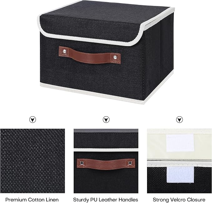 ANMINY Storage Bin with Lid Storage Boxes with PU Leather Handles PP Plastic Board Decorative Foldable Lidded Cotton Linen Fabric Home Cubes Baskets Closet Organizer Container - Black, Small Size - Image 3