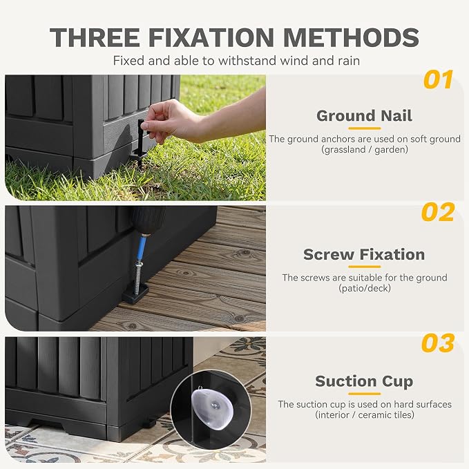 DWVO 38 Gallon Outdoor Trash Can, Set of 2 Resin Garbage Bins with Lids, Includes 2 Sorting Labels, Ash Holder, Stakes & Suction Cups, Hideaway Storage for Patio Backyard Garden, Black - Image 7