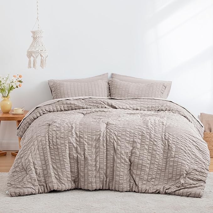 Love's cabin Seersucker Burlwood King Size Comforter Set, 7-Piece All Season Lightweight Bed in a Bag Bedding Set with Comforter, Flat Sheet, Fitted Sheet, Pillowcases and Shams | Soft, Breathable, Lightweight