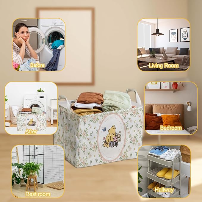 Winnie Nursery Storage Basket With A Waterproof PE Coating,The Pooh Nursery Baby Stuff Storage Baskets Suitable For Bathroom and Bedroom, Foldable Large Canvas Laundry Hamper - Image 5
