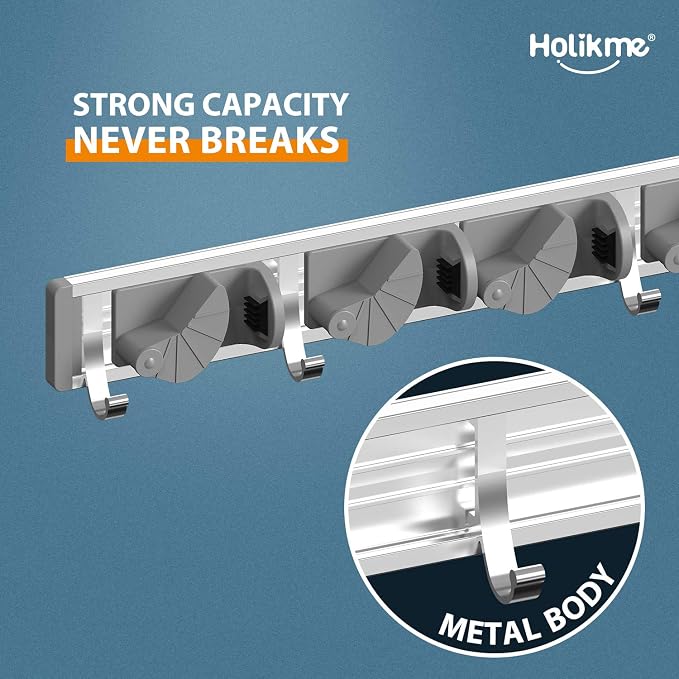 Holikme Mop Broom Holder Wall Mount Metal Pantry Organization and Storage Garden Kitchen Tool Organizer Wall Hanger for Home Goods (4 Positions with 4 Hooks, Silver) - Image 2
