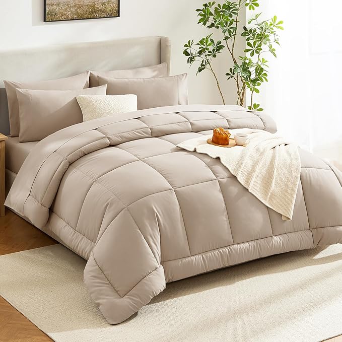 CozyLux Queen Comforter Set Wheat, 7 Pieces Bed in a Bag, Wheat Comforters Queen Size, All Season Bedding Sets with Stitch Quilted Comforter, Flat Sheet, Fitted Sheet, Pillowcases