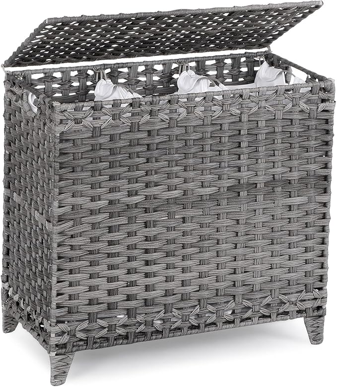 Laundry Hamper with 3 Removable Liner Bags; 132L Handwoven Rattan Laundry Basket with Lid & Heightened Feet; Clothes Hamper with Side Handles; Laundry Sorter with 3 Separate Sections by Hermina
