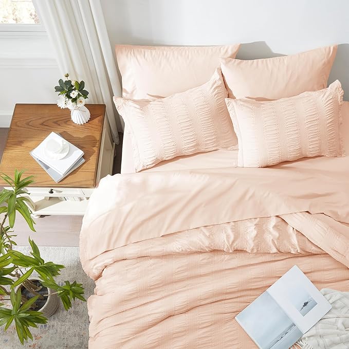 Zzlpp King Comforter Set 7 Pieces, Pink Seersucker Bed in a Bag with Comforter and Sheets, All Season Bedding Sets with 1 Comforter, 2 Pillow Shams, 2 Pillowcases, 1 Flat Sheet