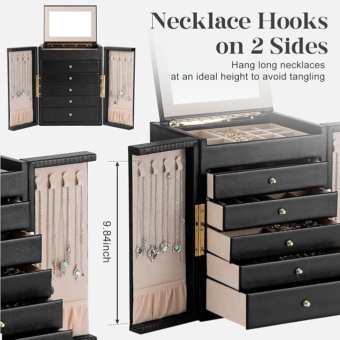 Dajasan Large Jewelry Organizer Box with 5 Drawers, Jewelry Box for Women, 6-Tier Jewelry Storage Organizer with Mirror for Necklace Ring Bracelet Watch, Gift Idea (Black) - Image 2