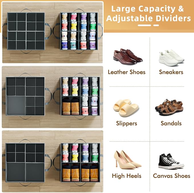NestOrganix 2 Pack Shoe Organizer for Closet, Large Shoe Box Storage Containers, Foldable Shoe Storage Organizer Box Bin with Adjustable Dividers and Clear Cover, Space Saving Shoes Holder, Gray - Image 2