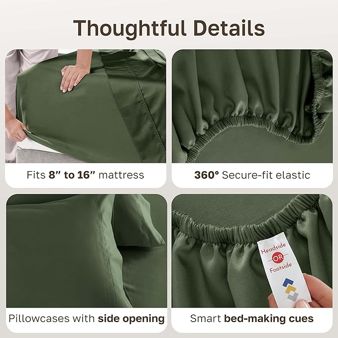 California Design Den 100% Cotton Sheets Queen Size Set - Luxury 600 Thread Count Sateen, Queen Cotton Sheets with Deep Pockets - Dark Olive Green