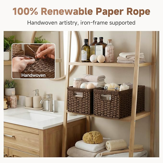 StorageWorks Round Paper Rope Storage Baskets, Rectangular Wicker Baskets with Built-in Handles, Medium, 2-Pack - Image 5