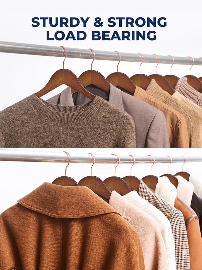Smartor Wooden Hangers 10 Pack, Solid Wood Coat Hanger for Closet, Heavy Duty Wood Hangers for Suits, Shirts, Dresses, with 360° Rose Gold Hook, Non Slip Pant Bar, Walnut - Image 6