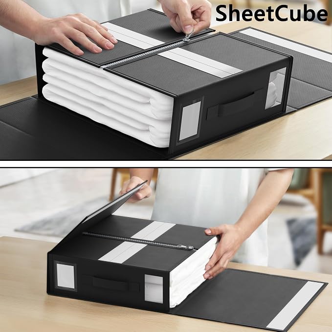 SheetCube Bed Sheet Organizers and Storage 6 Pack, Foldable Linen Closet Organizer with Window and Label, Bedding Folder Storage Box Container for Blanket, Duvet Cover Set, Bed Sheet Set - Black - Image 5