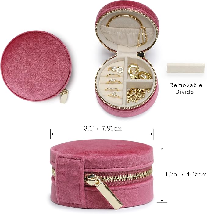 BLUTETE Velvet Travel Jewelry Case Small Round Travel Jewelry Organizer Jewelry Accessory Storage Case Gift Jewelry Box (Berry Pink/Round) - Image 2