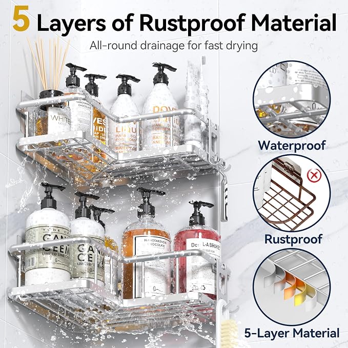 YASONIC Corner Shower Caddy Organizer, 5-Pack Self-Adhesive Rustproof Bath Shelves with Soap Holder & 4 Hooks, Large Capacity Shower Storage Rack for Bathroom Organization, Silver - Image 4