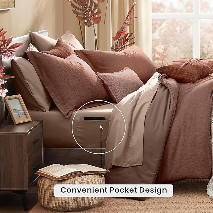 Monbix California King Comforter Set - 7 Pieces Cationic Dyeing Terracotta Bed in a Bag Cal King Bed Sets with Comforter, Sheets, Pillowcases & Shams, Reversible Bedding Comforters Sets