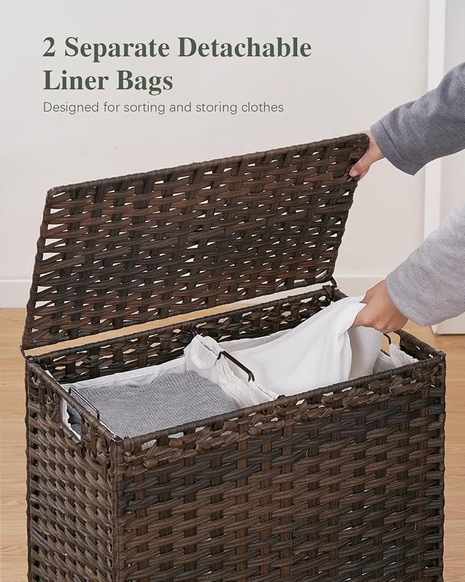 SETVSON Laundry Hamper with Lid, 112 L Handwoven Rattan Wicker Laundry Basket, 2 Removable Liner Bags Metal Heightened Feet, 6 Mesh Bags, 2 Section Large Clothes Hamper for Bathroom Bedroom, Brown - Image 4