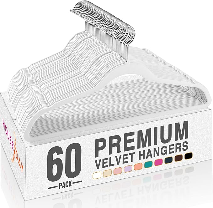 HOUSE DAY White Velvet Hangers 60 Pack, Non Slip Clothes Felt Hanger Heavy Duty for Coat, Premium Slim Space Saving Suit Hangers for Closet Organizer, 360° Rotating Silver Hook by HOUSEDAY