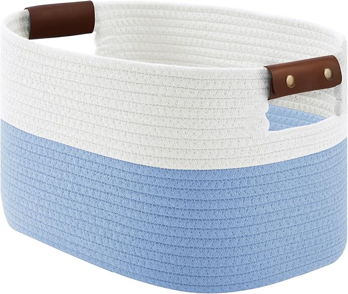 ECDYQXVU Cotton Rope Basket, Storage Baskets with Handle, 15x10x9 Inch Woven Basket for Shelves, Laundry, Towels, Clothes, Books (White/Blue 1Pack) by ECDYQXVU