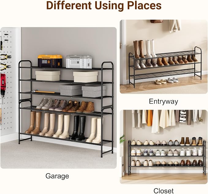 KEETDY 3-Tier Long Shoe Rack for Closet Metal Shoe Organizer for Entryway, Wide Stackable Shoe Storage Shelf with Sturdy Wire Grid for Closet Floor, Bedroom, Black - Image 6