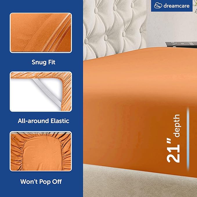 DREAMCARE King Size Sheets Set – 4 pcs Super Soft & Lightweight Cooling Sheets – up to 21” Deep Pocket King Sheet Set Hotel Luxury Sheets & Pillowcases 100% Microfiber with Side Pocket, Terracota