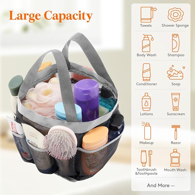 Lifewit Mesh Shower Caddy Portable for College Dorm Room Essentials with 7 Pockets, Freestanding Hanging Organizer Basket, Quick Dry Tote Bag for Camping, Bathroom, Beach, Travel, 1 Pack, Grey - Image 4